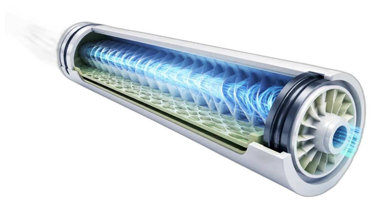 Cutaway of a reverse osmosis membrane element showing internal flow through the engineered geometry